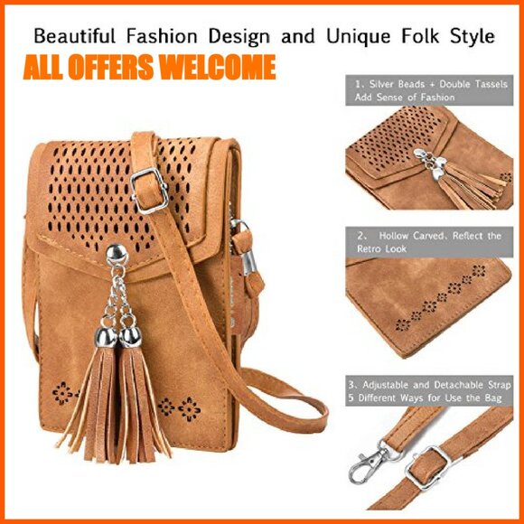 Small Crossbody Bag with Tassel, PU Leather, Phone Purse for Women - Picture 3 of 8